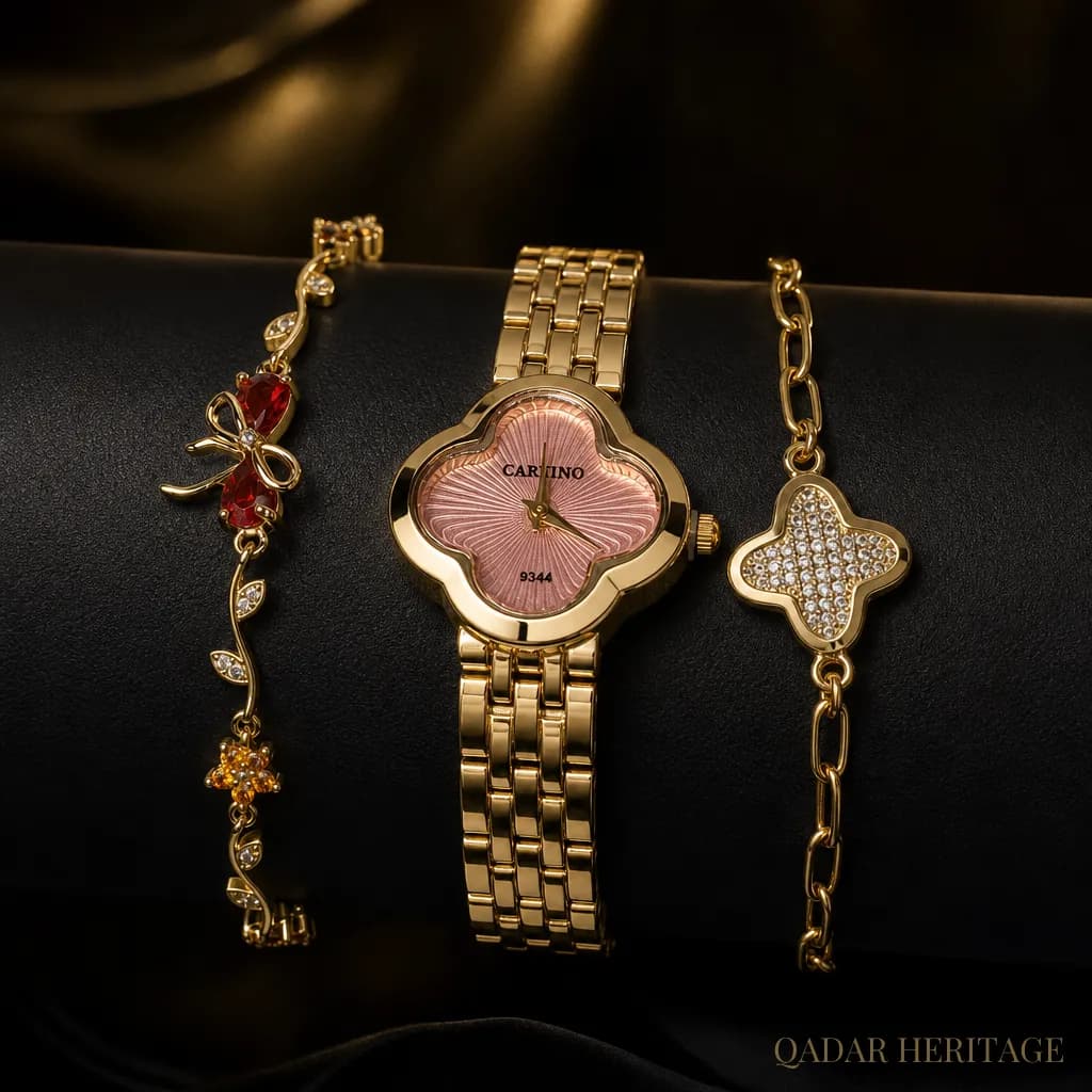 QADAR Camellia Rose Gold Watch Set