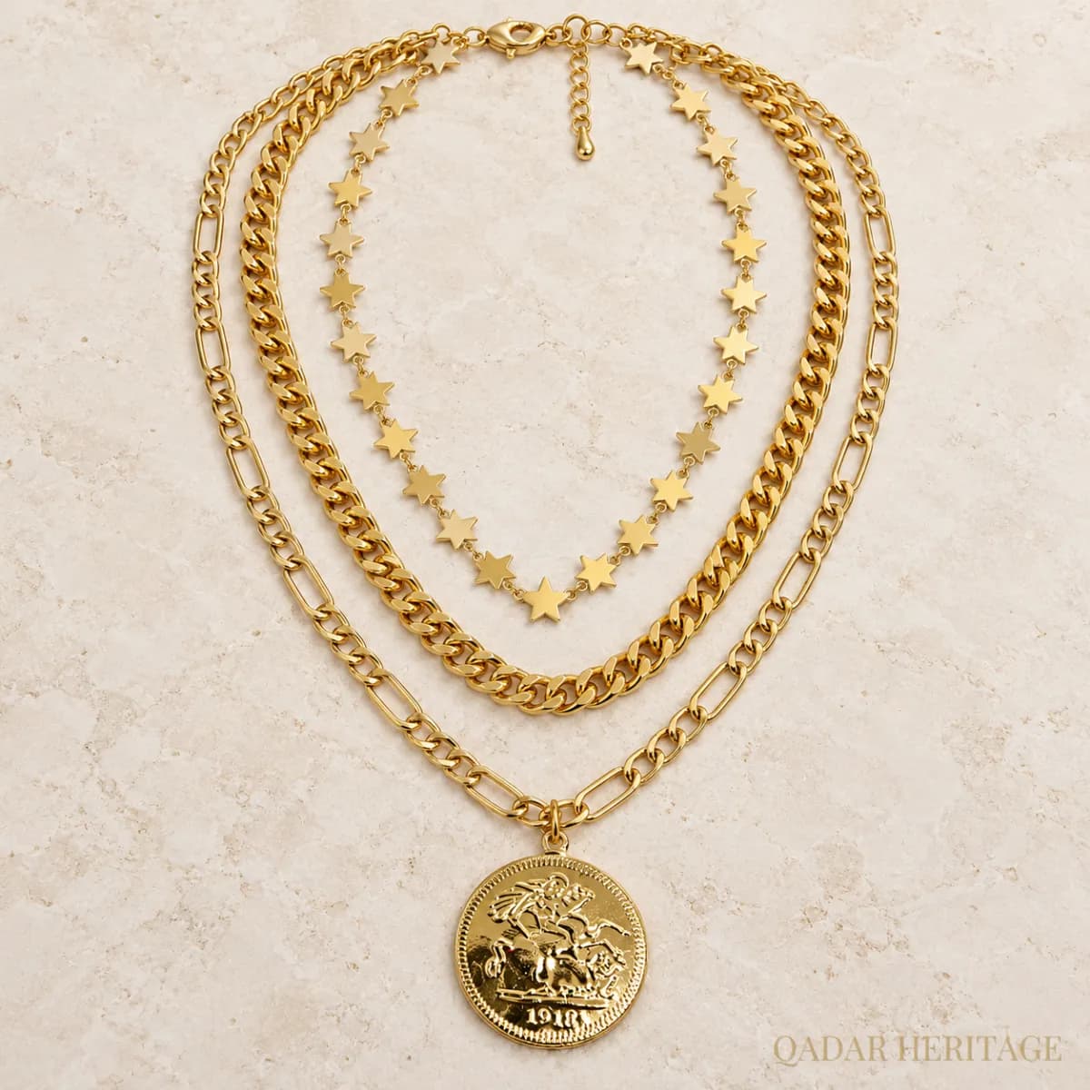 QADAR Golden Star Coin Layered Necklace - Slide 1