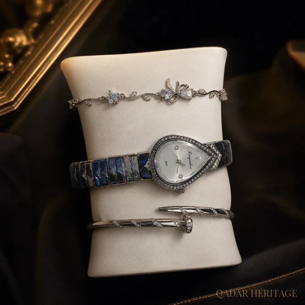 QADAR Ivana Silver Pearl Watch Set