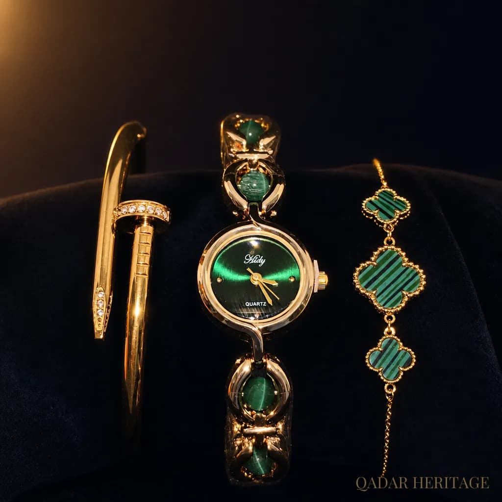 QADAR Malachite Muse Gold Watch Set