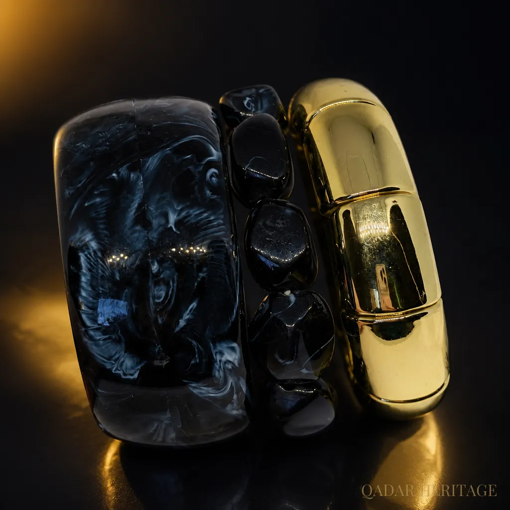 QADAR Chunky Marbled Black and Gold Bangle Set - Slide 1