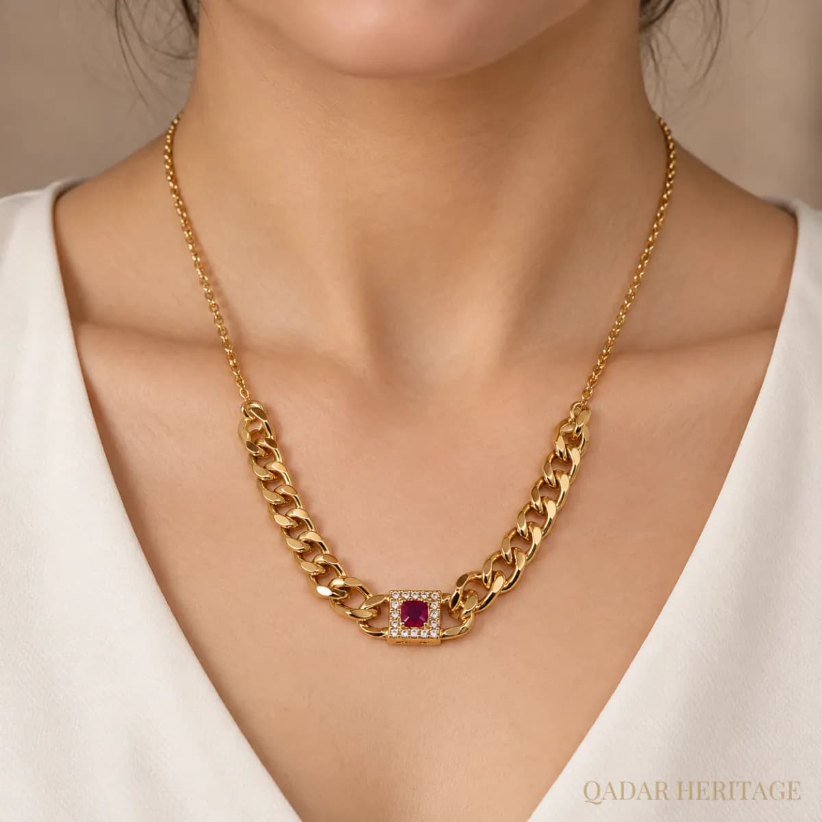 QADAR Ruby Square Necklace - Slide 1