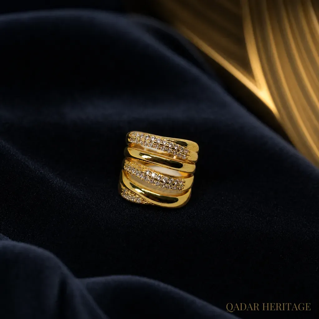 Gold-Tone Wide Ring with Sparkling Stones
