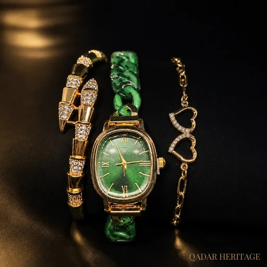 QADAR Zumurda Hearts Green Gold Watch