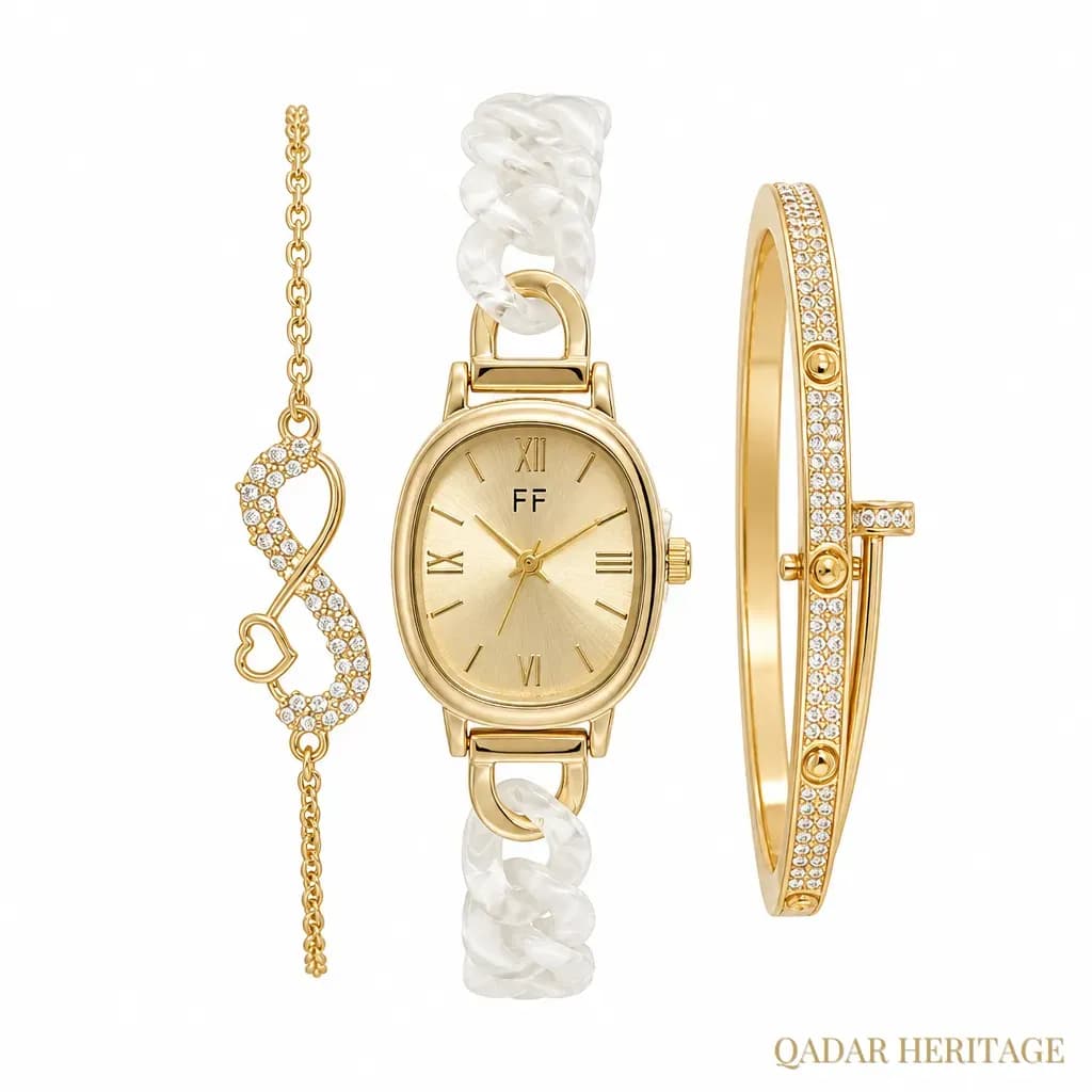 QADAR Lumiere Pearl Gold Watch Set - Slide 2