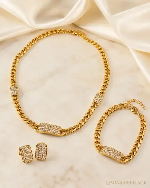 Gold-Tone Pavé Chain Jewelry Set - Slide 1