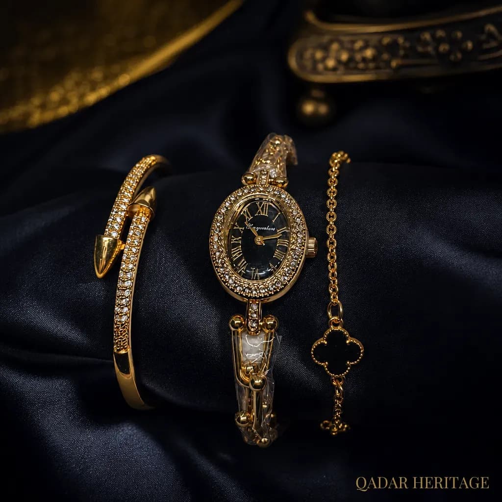 QADAR Celeste Noir Gold Watch Set