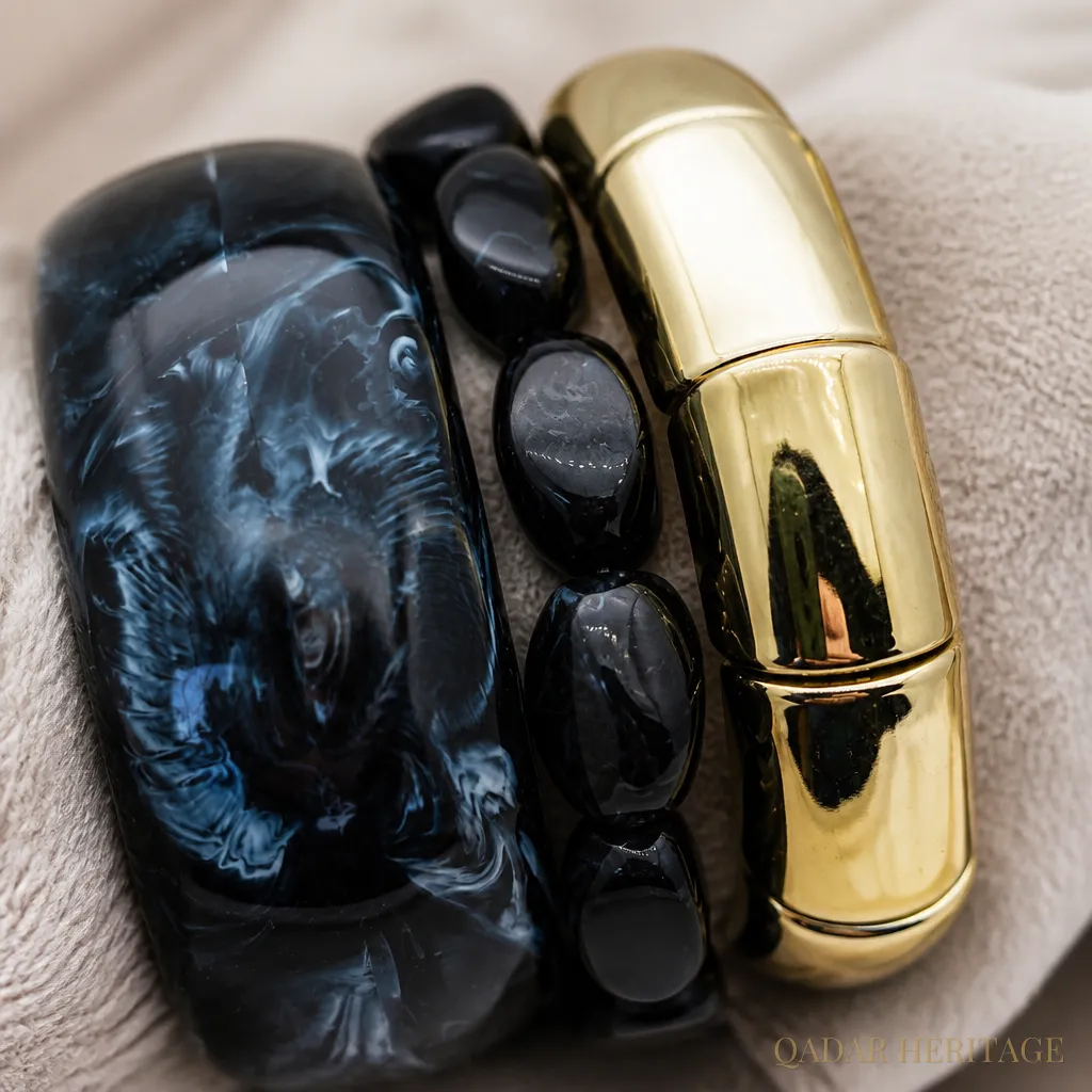 QADAR Chunky Marbled Black and Gold Bangle Set - Slide 3