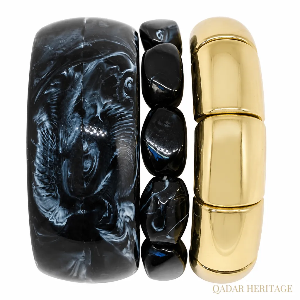 QADAR Chunky Marbled Black and Gold Bangle Set - Slide 2