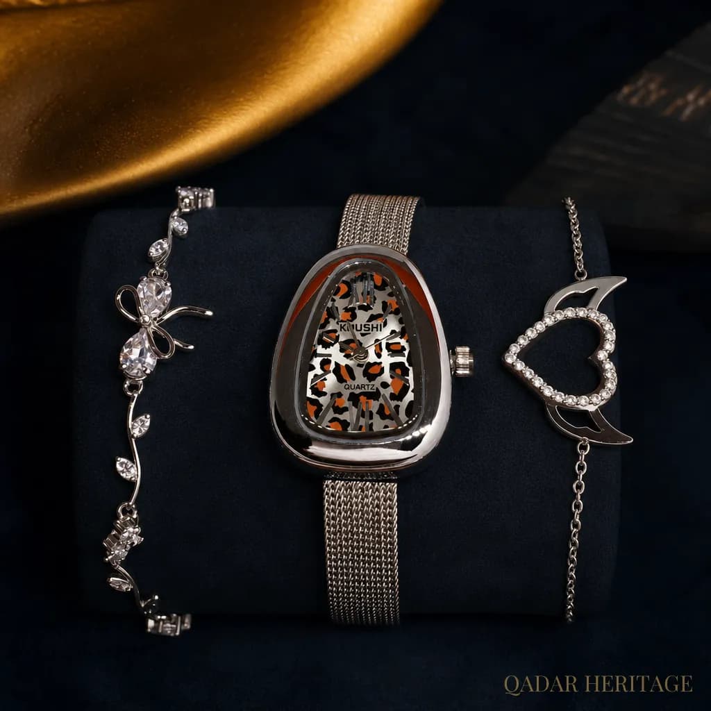 QADAR Liora Leopard Silver Watch Set - Slide 1
